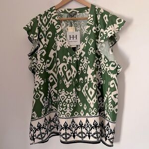 NEW Hippie Haute Ikat Print Green Linen Rayon Flutter Sleeve Popover Top 3X